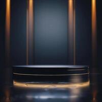 An empty black round table in a dark room photo