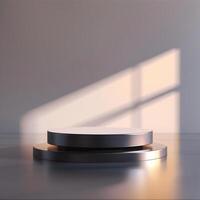 An empty pedestal on a table in front of a window photo