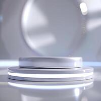 A white circular object on a table with a light photo