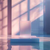 A square box sitting on a table in front of a window photo