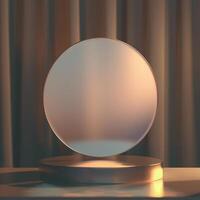 A round mirror on a table in front of curtains photo