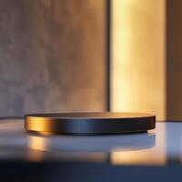A black and gold circular object sitting on a table photo