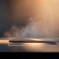 A laptop is sitting on a table with smoke coming out of it photo