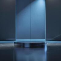 An empty podium in a dark room with a spotlight photo