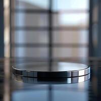 A glass table with a circular object on it photo