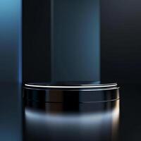 An empty black round table with a light shining on it photo