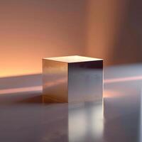 A cube sitting on a table in front of a wall photo