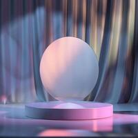 A white sphere on a pedestal in front of a curtain photo