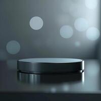 A black circular object on a table with a blurry background photo