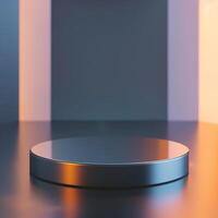 An empty podium on a table in front of a wall photo