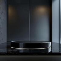 A black and white circular object sitting on a counter photo