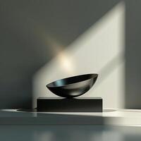 A black bowl sitting on a table in front of a window photo