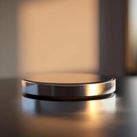 A silver object on a table in front of a window photo