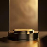 Golden pedestal on a table with a light behind it photo