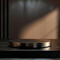 A black round table on a table in front of a wall photo