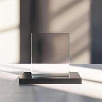 A glass square on a table in front of a window photo
