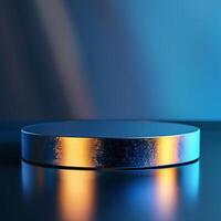 A round metal table with a blue light on it photo