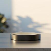 A black object on a table with a plant in the background photo