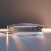 A glass object on a table with light coming from it photo