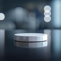 A white object sitting on a table in front of a blurry background photo