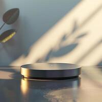 A circular object on a table with a plant in the background photo
