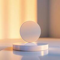 A white round object on a table with a light behind it photo