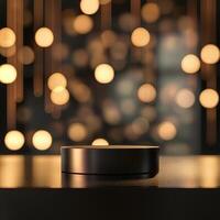 A black box sitting on a table in front of a blurred background photo