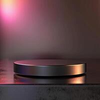 A black round object on a table with a bright light photo