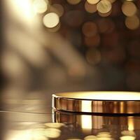 Golden plate on a table with a bokeh background photo