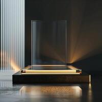 A glass display case on a table with a light shining on it photo
