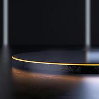 A black and orange circular table with a light shining on it photo