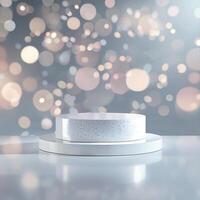 A white cake stand on a table with a light background photo