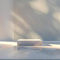 An empty white box sitting on a table in front of a wall photo