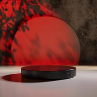 A black and red circular object on a table photo
