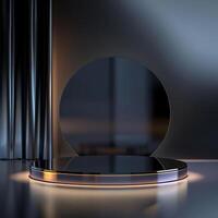 A black round table with a light on it photo