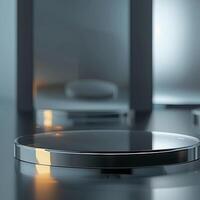 A round table with a silver object on it photo