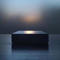 A black box sitting on a table in front of a blurred background photo