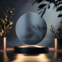 A mirror on a stand with plants in the background photo