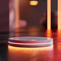 A white circular object on a table with red lights photo