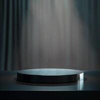 A podium with a spotlight on it in front of a curtain photo