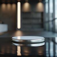 A white circular object on a table in a room photo