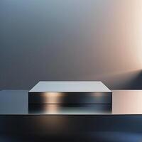 A silver box sitting on a table in front of a wall photo