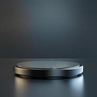 A black and silver table with a circular object on it photo