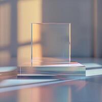 A glass cube on a table in front of a window photo