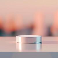 A white object sitting on a table in front of a cityscape photo