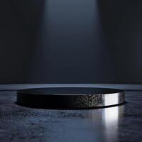 An empty podium in a dark room with a spotlight photo
