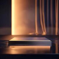 A small table with a light shining on it photo
