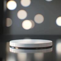 A white object on a table in front of a blurred background photo
