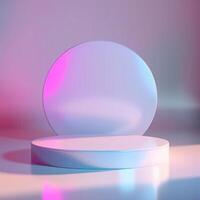 3d render of a round white pedestal with a pink and blue light photo