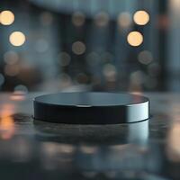 A black object sitting on a table in front of a blurry background photo
